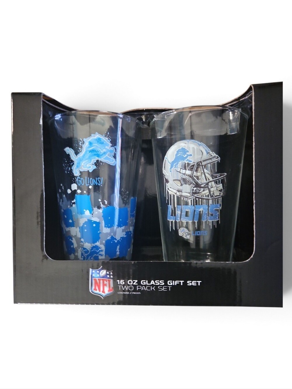 NFL Detroit Lions Blue 16 oz Glass Gift Set - 2 Pack